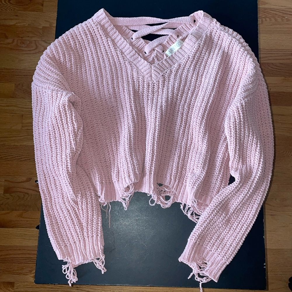 Planet Gold Medium Baby Pink Distressed Cropped Knitted V-Neck Sweater